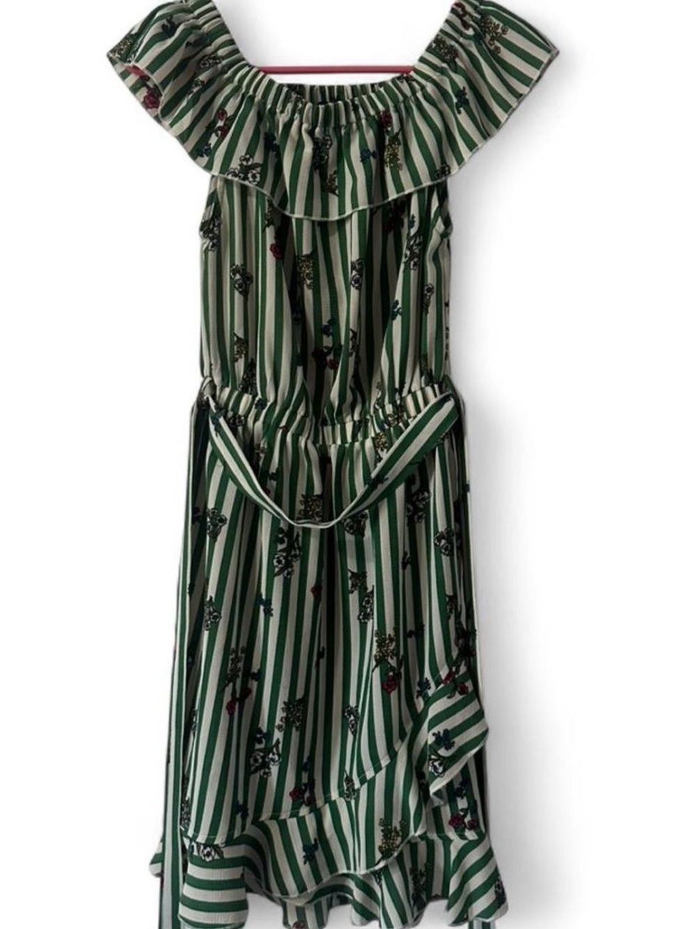 Green and White Striped Off-Shoulder Ruffle Dress